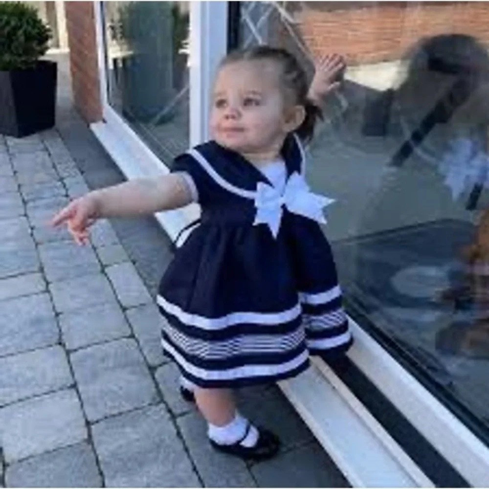 (B6) Rare Editions Navy Blue Sailor Dress Bow Nautical Toddler Girls‎ Size 3T